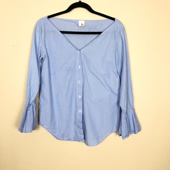 iris & ink collarless button down blouse striped - Picture 2 of 8